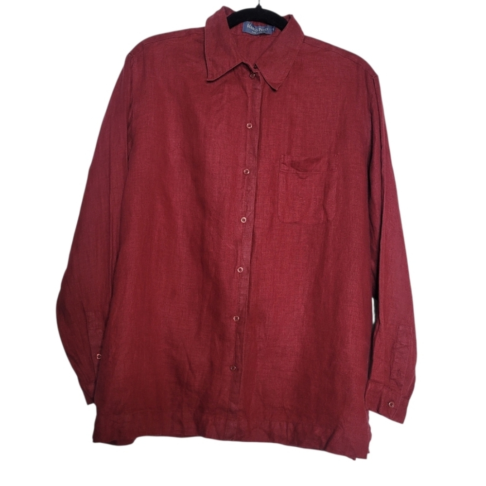 Marco Pecci Burgundy Button Up Linen Collar Shirt Sz 40 Business Casual